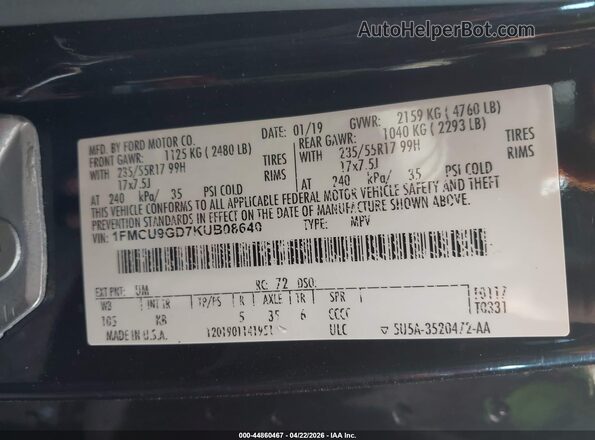 1FMCU9GD7KUB08640 2019 FORD ESCAPE Black Widok komory silnika