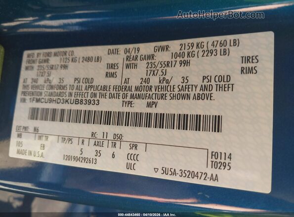 1FMCU9HD3KUB83933 2019 FORD ESCAPE Blue ძრავის განყოფილების ხედი