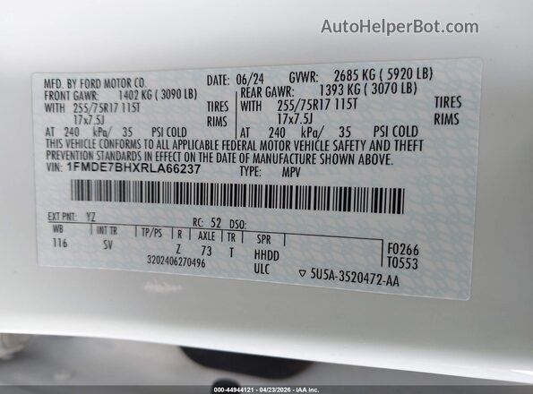 1FMDE7BHXRLA66237 2024 FORD BRONCO Белый Вид подкапотного пространства
