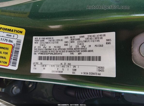 1FMEE5DP0NLB53412 2022 FORD BRONCO Green Vista del compartimento del motor