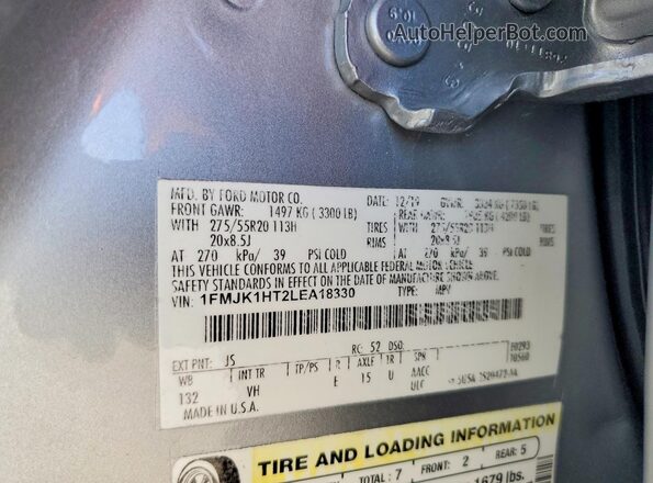 1FMJK1HT2LEA18330 2020 FORD EXPEDITION Silver Vista de la etiqueta del VIN