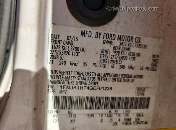 1FMJK1HT4GEF01226 2016 FORD EXPEDITION Белый Панорамный вид салона 360°