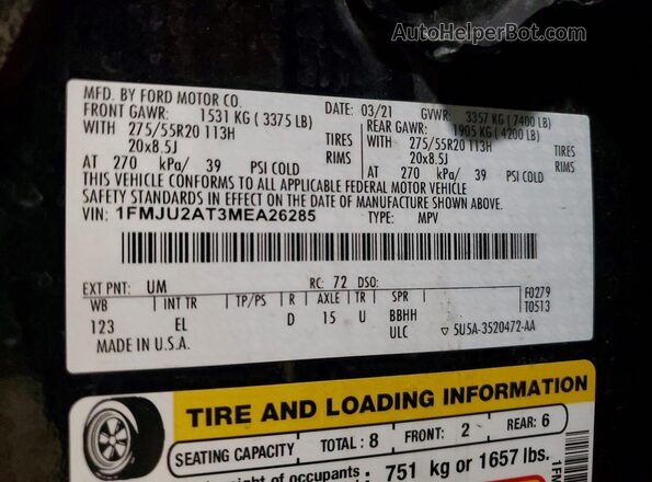 1FMJU2AT3MEA26285 2021 FORD EXPEDITION Черный Панорамный вид салона 360°