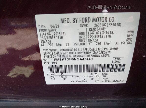 1FMSK7DH0NGA47440 2022 FORD FORD EXPLORER Maroon Vista del compartimento del motor
