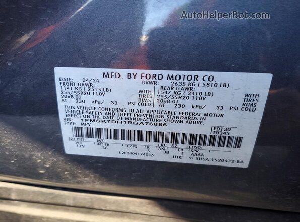 1FMSK7DH1RGA76886 2024 FORD FORD EXPLORER Gray VIN კოდის სტიკერის ხედი