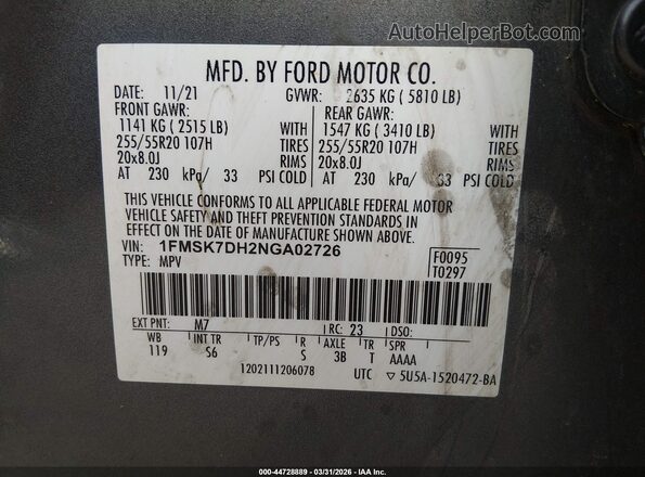 1FMSK7DH2NGA02726 2022 FORD FORD EXPLORER Black Vista del compartimento del motor