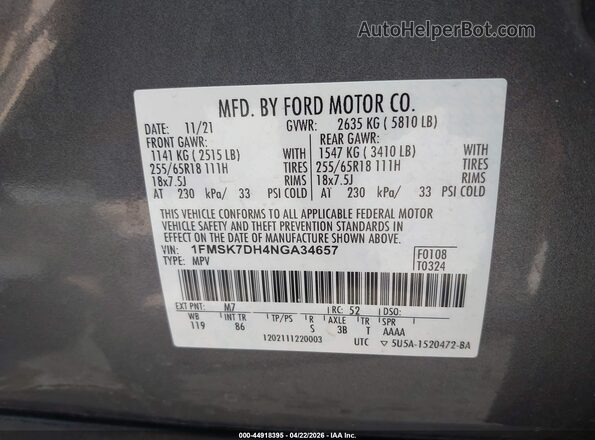 1FMSK7DH4NGA34657 2022 FORD FORD EXPLORER Gray Vista del compartimento del motor