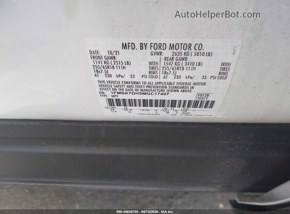 1FMSK7DH5MGC17497 2021 FORD FORD EXPLORER Белый Вид подкапотного пространства