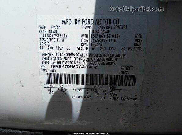 1FMSK7DH5RGA28632 2024 FORD FORD EXPLORER White Вид підкапотного простору