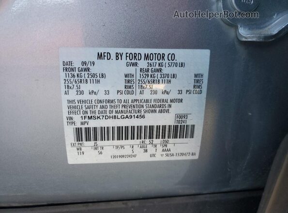 1FMSK7DH8LGA91456 2020 FORD FORD EXPLORER Серебряный Вид наклейки с VIN-кодом