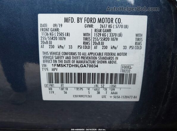 1FMSK7DH9LGA70034 2020 FORD FORD EXPLORER Blue Engine compartment view