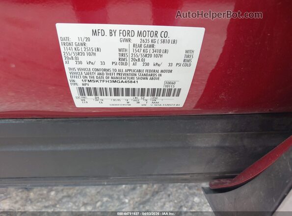 1FMSK7FH3MGA45841 2021 FORD FORD EXPLORER Red Vista del compartimento del motor