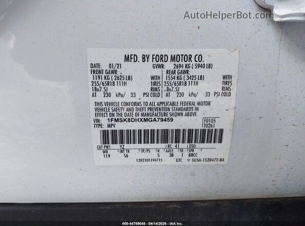 1FMSK8DHXMGA79459 2021 FORD FORD EXPLORER White Вид підкапотного простору