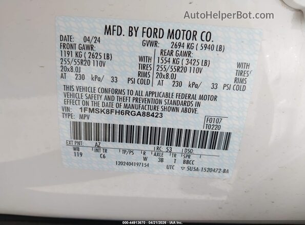 1FMSK8FH6RGA88423 2024 FORD FORD EXPLORER White Widok komory silnika