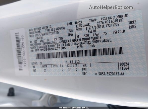 1FT7W2B66NEC71505 2022 FORD F-250 White Вид підкапотного простору