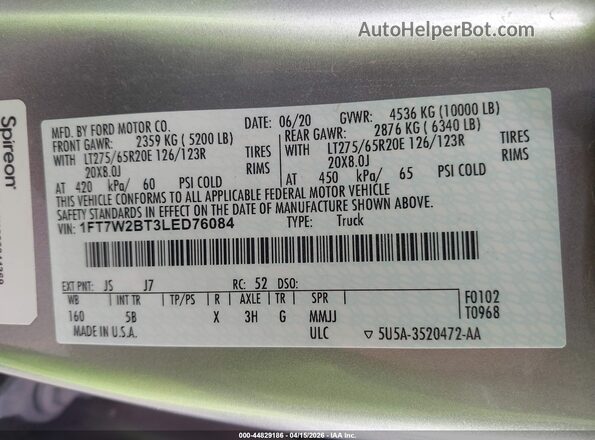 1FT7W2BT3LED76084 2020 FORD F-250 Gray ძრავის განყოფილების ხედი