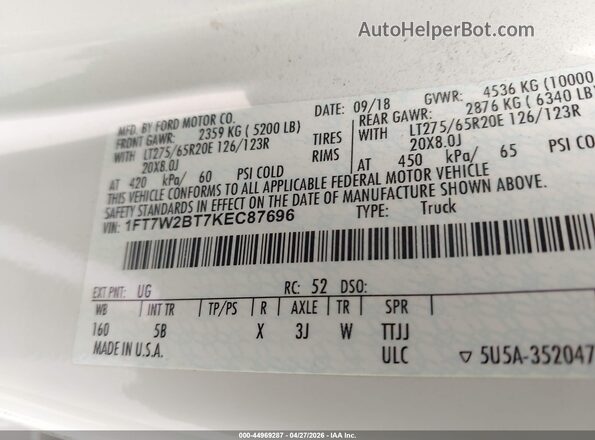 1FT7W2BT7KEC87696 2019 FORD F-250 White ძრავის განყოფილების ხედი