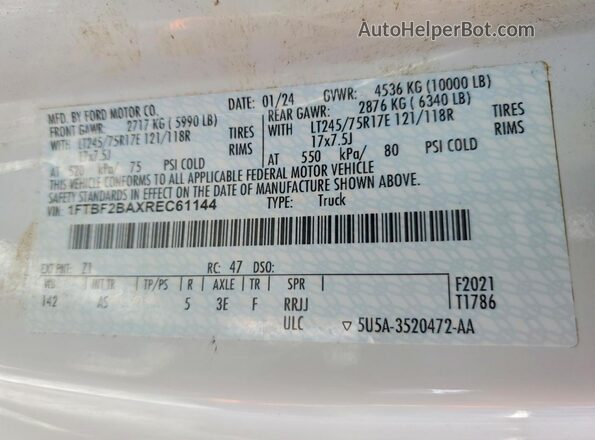 1FTBF2BAXREC61144 2024 FORD F250 White VIN կոդի պիտակի տեսք