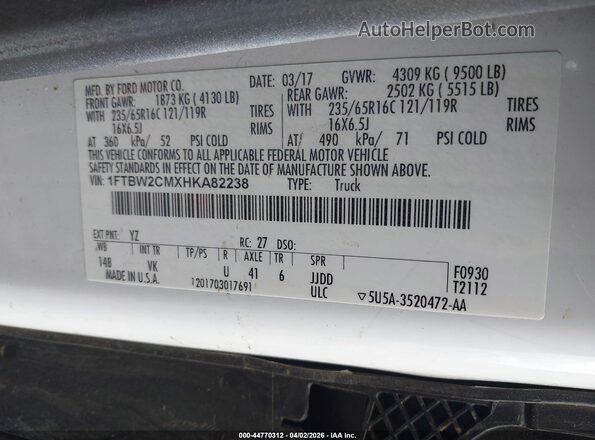 1FTBW2CMXHKA82238 2017 FORD TRANSIT-350 Белый Вид подкапотного пространства