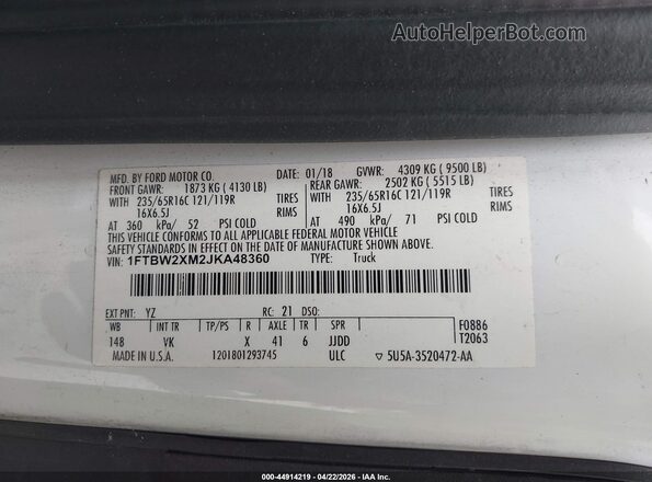 1FTBW2XM2JKA48360 2018 FORD TRANSIT-350 White უკანა მარჯვენა