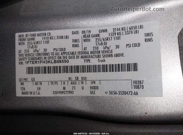 1FTER1FH3KLB08550 2019 FORD RANG Silver Widok komory silnika