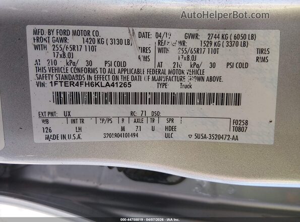 1FTER4FH6KLA41265 2019 FORD RANG Белый Вид подкапотного пространства