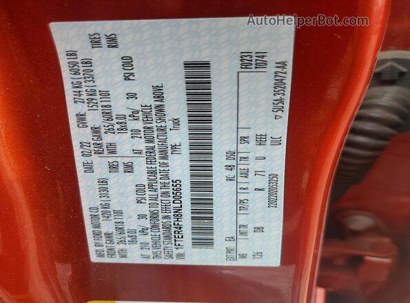 1FTER4FH8NLD05655 2022 FORD RANG Оранжевый Вид наклейки с VIN-кодом