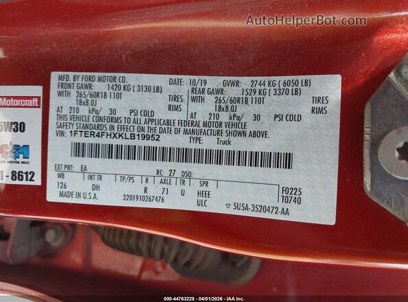 1FTER4FHXKLB19952 2019 FORD RANG Red Engine compartment view