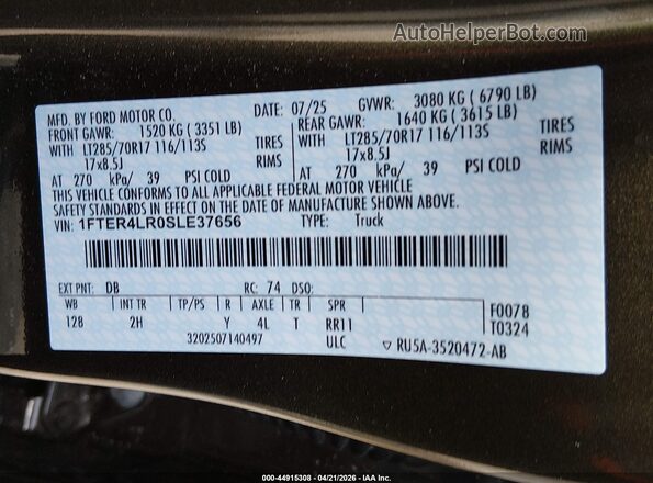1FTER4LR0SLE37656 2025 FORD RANG Зеленый Вид подкапотного пространства