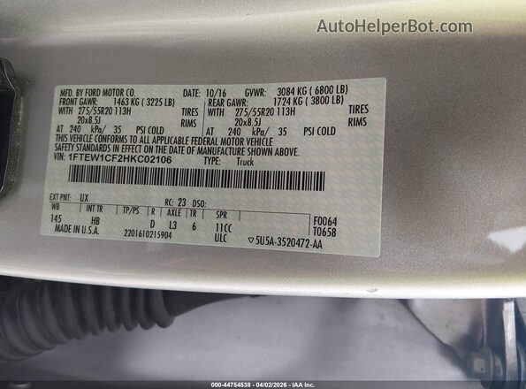 1FTEW1CF2HKC02106 2017 FORD F150 Silver Շարժիչի բաժամունքի տեսք