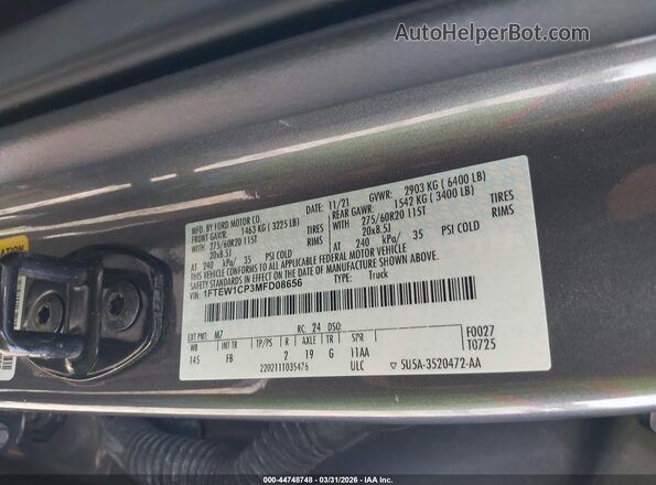1FTEW1CP3MFD08656 2021 FORD F150 Серый Вид подкапотного пространства