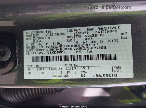 1FTEW2LP2SKD49919 2025 FORD F150 Gray Vista del compartimento del motor