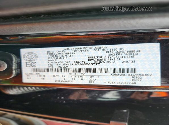 1FTEW2LP7SKE65777 2025 FORD F150 Черный Вид наклейки с VIN-кодом