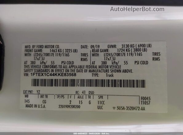1FTEX1C44KKE83568 2019 FORD F150 White Vista del compartimento del motor