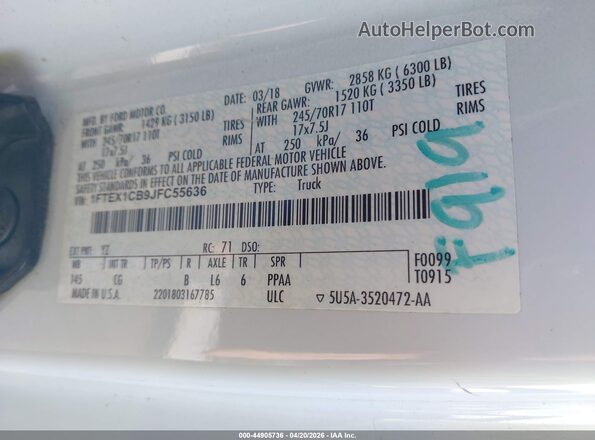 1FTEX1CB9JFC55636 2018 FORD F150 White ძრავის განყოფილების ხედი