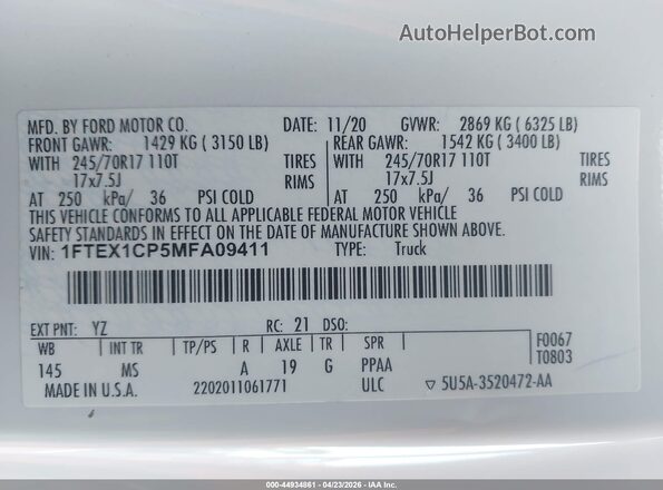 1FTEX1CP5MFA09411 2021 FORD F150 White Widok komory silnika