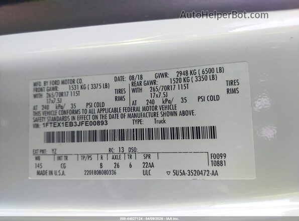 1FTEX1EB3JFE00893 2018 FORD F150 White Вид підкапотного простору
