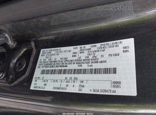 1FTEX1EB7JKF40646 2018 FORD F150 Gray Widok komory silnika