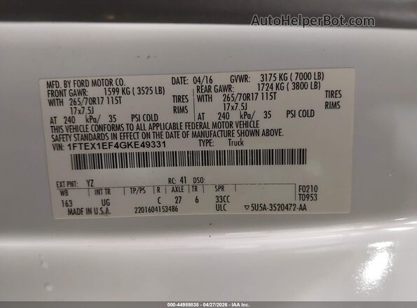 1FTEX1EF4GKE49331 2016 FORD F150 Белый Вид подкапотного пространства