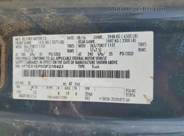 1FTEX1EP0GFD16423 2016 FORD F150 Серый Вид подкапотного пространства