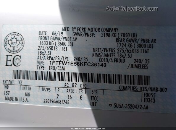 1FTFW1E56KFC36140 2019 FORD F150 Белый Вид подкапотного пространства
