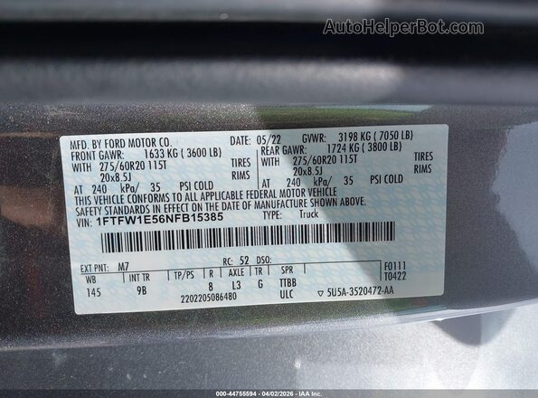 1FTFW1E56NFB15385 2022 FORD F150 Серый Вид подкапотного пространства