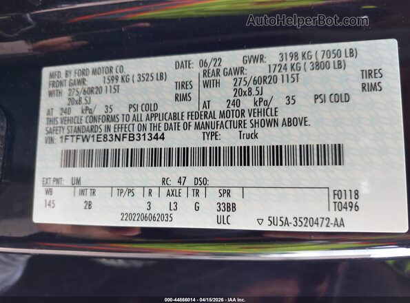 1FTFW1E83NFB31344 2022 FORD F150 Black Widok komory silnika