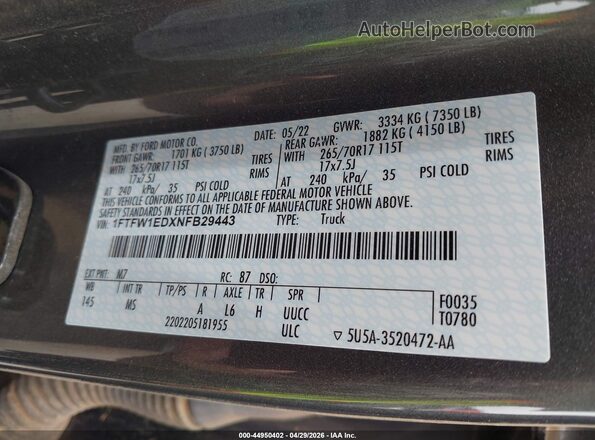 1FTFW1EDXNFB29443 2022 FORD F150 Серый Вид подкапотного пространства
