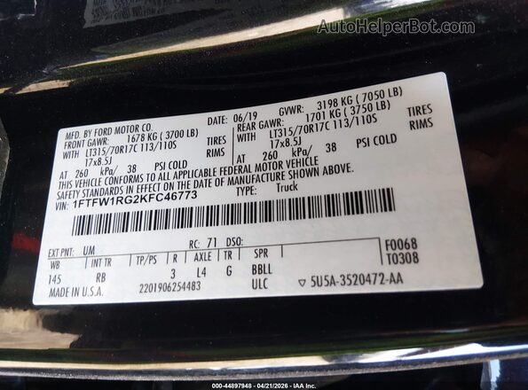 1FTFW1RG2KFC46773 2019 FORD F150 Black Widok komory silnika