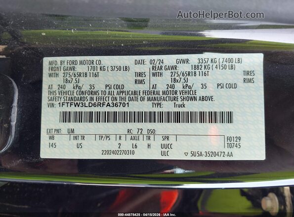 1FTFW3LD6RFA36701 2024 FORD F150 Черный Вид подкапотного пространства