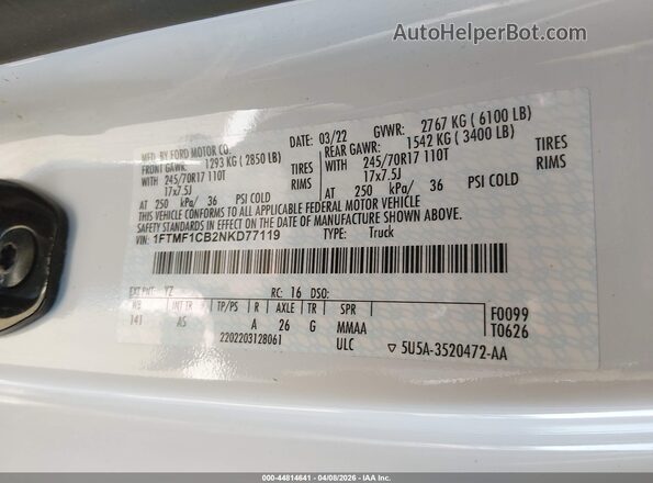 1FTMF1CB2NKD77119 2022 FORD F150 Белый Вид подкапотного пространства
