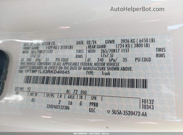 1FTMF1L53RKD40645 2024 FORD F150 Белый Вид подкапотного пространства