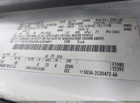 1FTYR1CM4GKA29481 2016 FORD TRANSIT-250 White Вид підкапотного простору