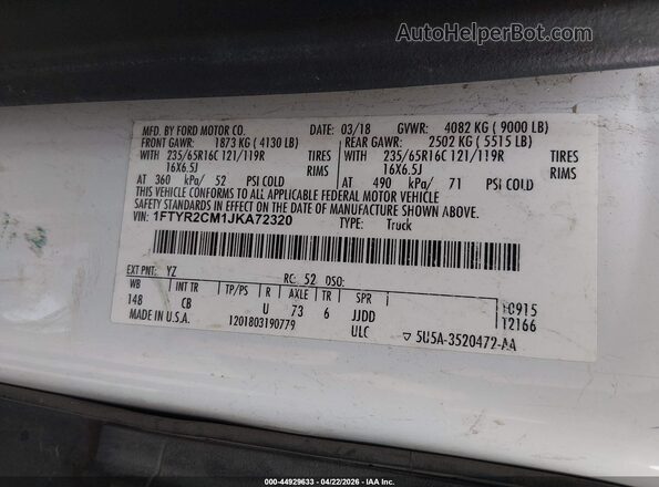 1FTYR2CM1JKA72320 2018 FORD TRANSIT-250 White Շարժիչի բաժամունքի տեսք